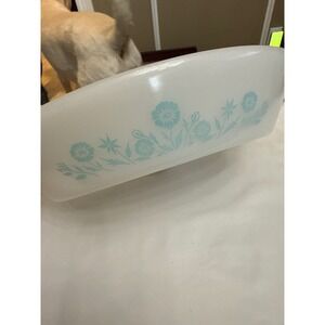 Vintage Glasbake Blue Floral Divided Casserole Dish J-2352 Milk Glass Oval